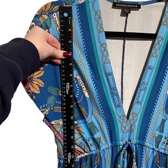 Boston Proper- Women’s Border Scarf Print Blue Floral Maxi Dress, Size Small - Picture 10 of 16